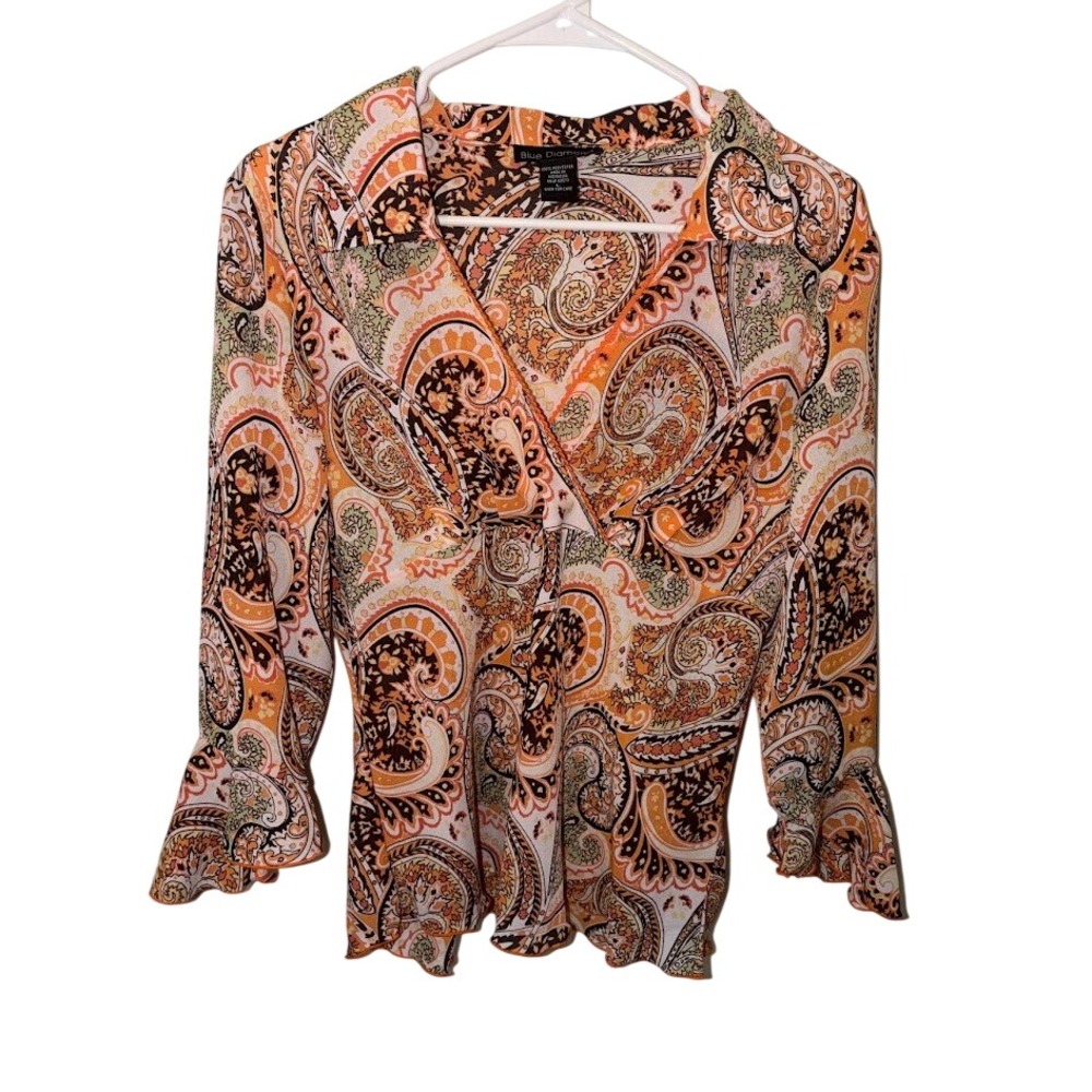 Blue Diamond Paisley V-Neck Bell Sleeve Blouse Orange Brown Large AM2286